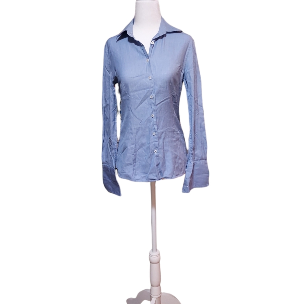 Herringbone Sydney S Long Sleeve Button Up Shirt Woman Blue top blouse